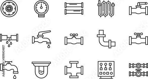 Plumbing and pipe system icon set water valve faucet meter drainage symbols minimal outline black white vector illustration