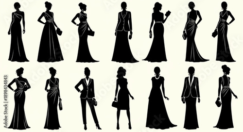 Elegant Silhouettes of Women in Formal Attire.