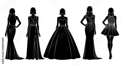 Elegant silhouettes of women in formal evening gowns.