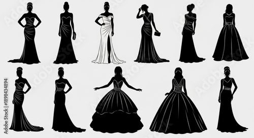 Elegant Silhouettes of Women in Formal Evening Gowns.