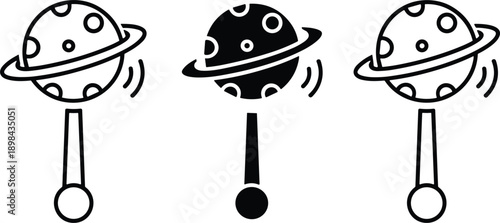 Rattle toy icon set baby infant plaything sound development symbol minimal outline black white vector illustration