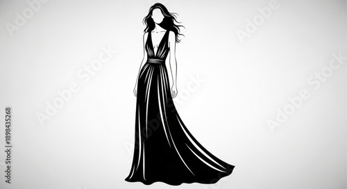 Elegant Woman in Flowing Black Gown Silhouette.