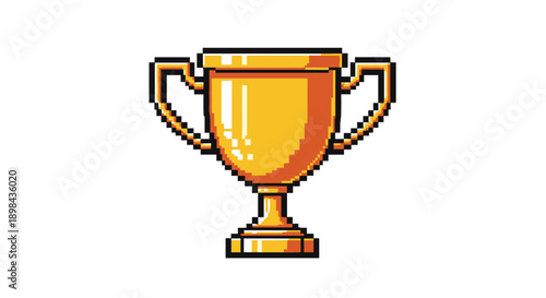 Golden trophy cup in classic pixel art style representing achievement and victory in retro video games or digital competitions.