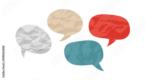 Group of four colorful speech bubbles with realistic crumpled paper textures arranged on a clean white background for messages.