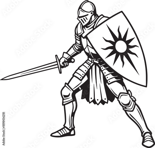 A valiant medieval knight in shining armor with a sword and sun emblem shield