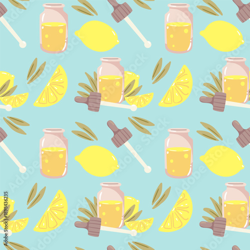 Refreshing citrus oil pattern on a light blue background. This cheerful lemon and oil design is ideal for summer wellness themes and textiles.