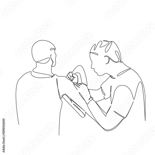 One continuous single drawing line art flat doodle person, tattoo artist, glove, client, tattoo, art, artist, hand, occupation, professional. Isolated image hand draw contour on a white background; ha