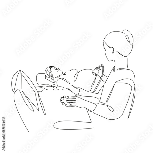 One continuous single drawing line art flat doodle doctor, ultrasound, medicals, hospital, health care, pregnancy, clinic, antenatal. Isolated image hand draw contour on a white background; hand drawn