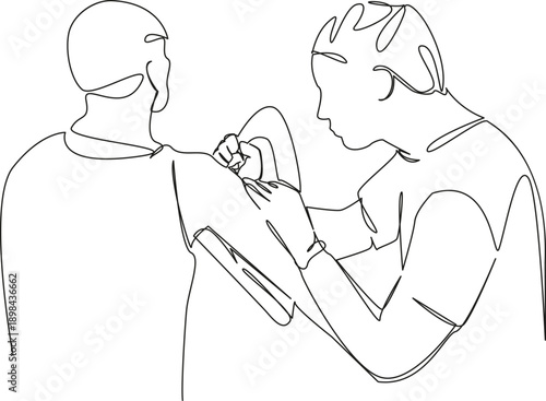 One continuous single drawing line art flat doodle person, tattoo artist, glove, client, tattoo, art, artist, hand, occupation, professional. Isolated image hand draw contour on a white background; ha