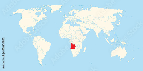 Simple world map showing the geographical location of Angola highlighted in red on African continent territory