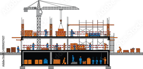 Construction site illustration, multi-level building project, workers teamwork design, heavy machinery vector art, scaffolding assembly scene, 