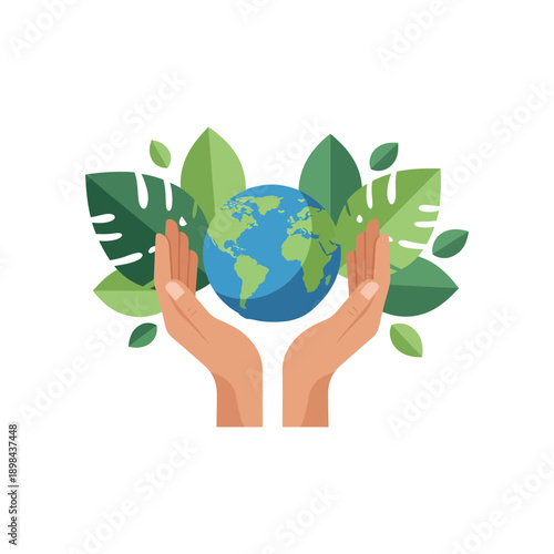 “Global environment protection illustration, earth protected by hands and leaves, flat modern style, clean shapes, minimal detail, solid colors, vector-friendly, no text, light background”
