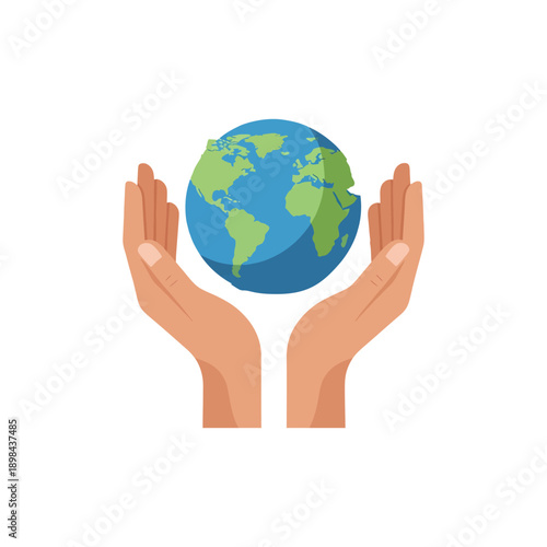 “Global environment protection illustration, earth protected by hands and leaves, flat modern style, clean shapes, minimal detail, solid colors, vector-friendly, no text,
