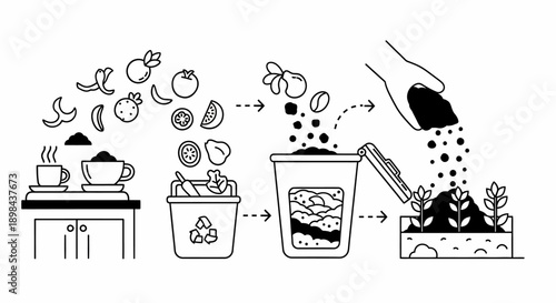 Composting Process Illustration with Food Waste.