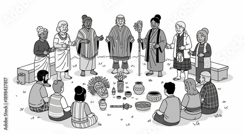 Group of People in Traditional Clothing Gathering.