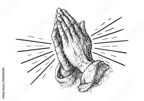 Praying hands with radiating light line art sketch, vintage, scribble vector.