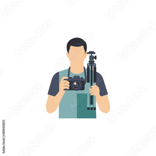“Photographer illustration, person holding camera and tripod, flat minimal design, clean shapes, solid colors, vector-friendly, no brand, no text, simple background”