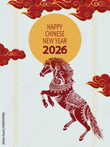 Happy Chinese New Year 2026 background greeting card and banner year of the horse illustration.