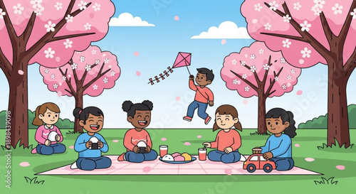 Diverse Children Having Picnic under Cherry Blossom Trees