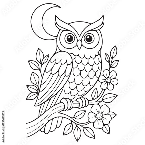 Elegant Owl on Tree Branch with Moon and Flowers Coloring Page Vector, Detailed Black and White Line Art