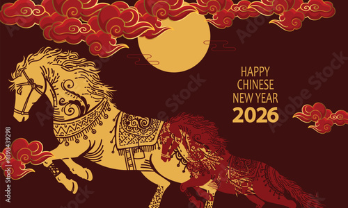 Happy Chinese New Year 2026 background greeting card and banner year of the horse illustration.