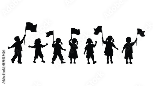 Silhouette of children marching with flags, representing unity and protest. Vector