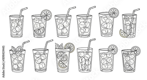 Hand Drawn Cocktails with Lime and Straws.