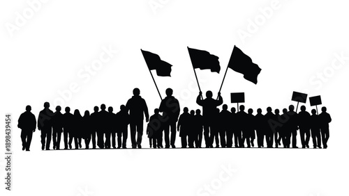 Diverse group of people holding flags and banners in a protest or demonstration. Vector