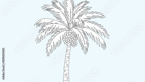 detailed black and white line drawing of a tall coconut palm tree with a large cluster of fruit and graceful fronds on a light blue background.