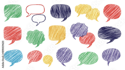large variety of hand drawn speech bubbles in bright colors with a textured scribble effect for comic style communication and message icons.
