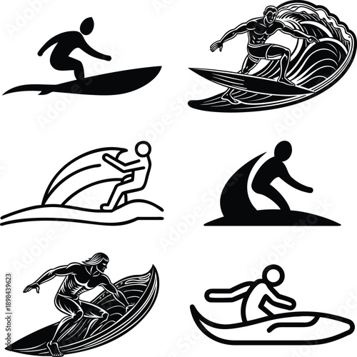Dynamic collection of surfers riding waves and engaging in water sports, showcasing action and skill in ocean activities