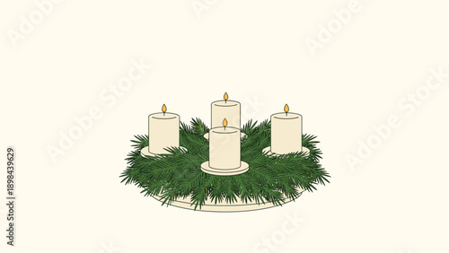 traditional advent wreath illustration made of evergreen branches with four white candles lit to celebrate the holiday season and christmas.