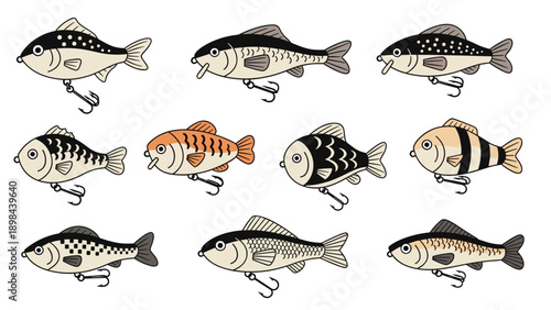 collection of nine different artificial fishing lures shaped like small fish with various colorful patterns and metal hooks for angling.