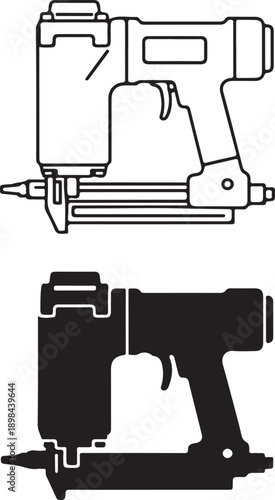 Outline and silhouette vector illustration of a powerful pneumatic nail gun for construction