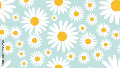 seamless background pattern featuring numerous white daisy flowers with bright yellow centers scattered across a soft pastel blue surface.