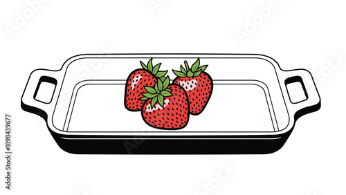 three ripe red strawberries with green stems placed inside a white rectangular ceramic baking dish or serving tray on a plain background.