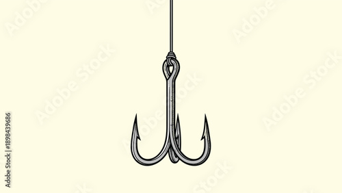 detailed sketch of a heavy duty metal treble fishing hook with three sharp barbed points hanging from a simple vertical line or string.