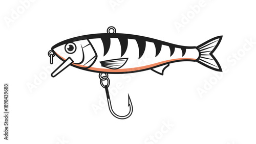 professional illustration of a striped fish lure designed for predatory fishing with realistic details a diving lip and a single treble hook.