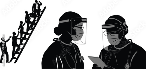 Medical professionals in protective gear with a silhouette of people climbing a ladder