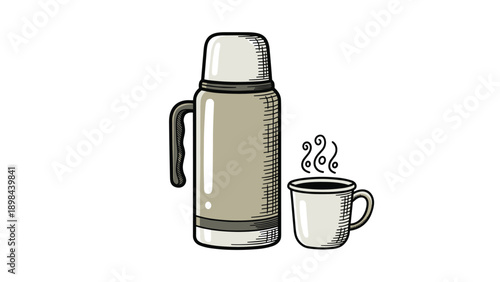 Insulated thermos flask next to a steaming mug of hot beverage rendered in a classic hand-drawn hatching style with muted colors.
