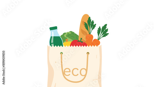 Eco-friendly paper grocery bag overflowing with healthy fresh produce like carrots a baguette a tomato and broccoli with a green bottle.