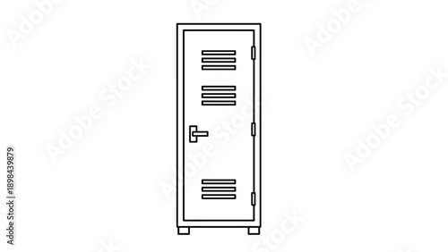 Clean line drawing of a metal locker with vents a handle and a keyhole standing vertically on a plain white background.