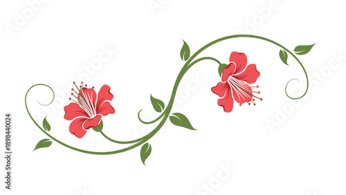 Elegant floral vine illustration with red blooming flowers and green leaves arranged in a graceful swirling pattern for decoration.