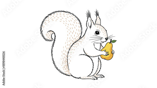 Charming hand drawn sketch of a fluffy squirrel holding a ripe yellow pear in its paws with delicate shading and fine line details.