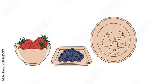 Selection of fresh fruit including a bowl of strawberries and a tray of blueberries next to a plate decorated with pear drawings.