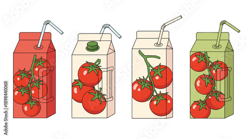 Set of four juice carton packages featuring tomato illustrations and drinking straws in a variety of vibrant background colors.