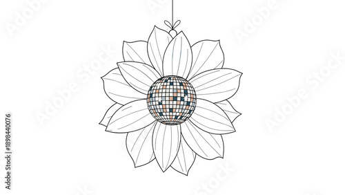 Creative line art illustration of a sunflower with a disco ball at its center hanging from a thin string for a fun party concept.
