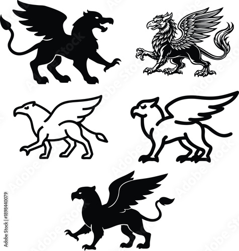 Griffin mythological creature illustrations set showing various poses of lion eagle hybrid beast in black and white line design