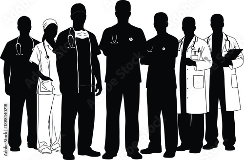 Silhouettes of medical professionals in various attire