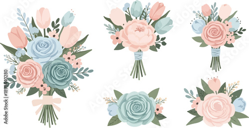 Set of Pastel Floral Bouquets with Pink Roses and Blue Tulips, Romantic Flower Arrangements for Valentine's Day, Wedding Invitations, and Botanical Decorations